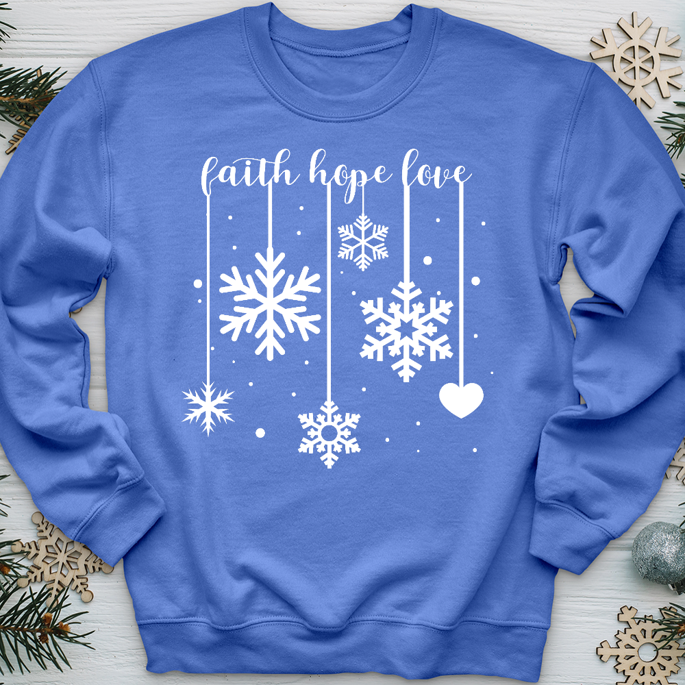 Faith Hope Love Dangling Snowflakes Crewneck