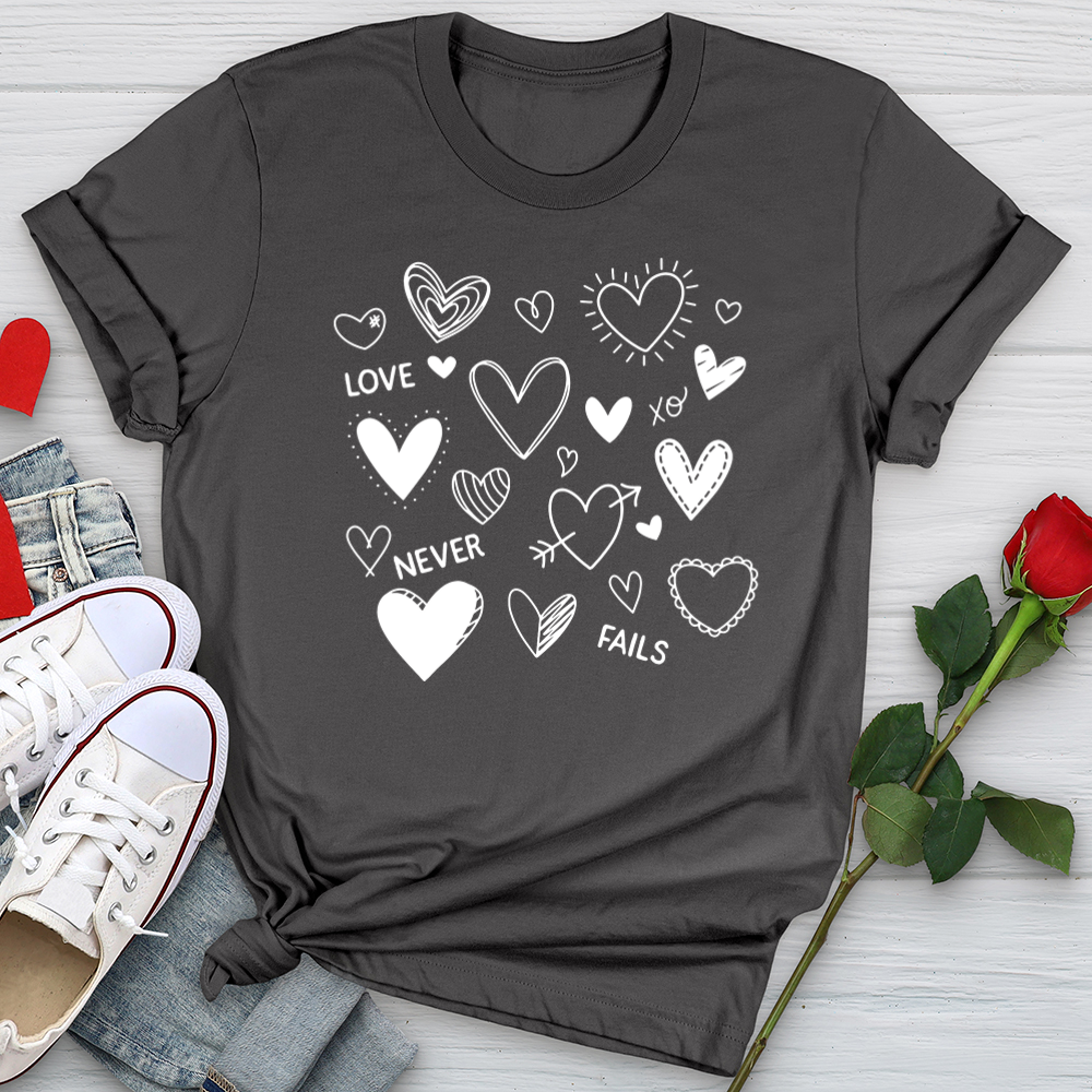 Love Never Fails Assorted Hearts Softstyle Tee