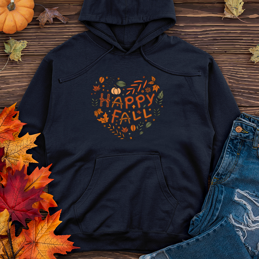 Happy Fall Heart Heathered Tee Midweight Hooded Sweatshirt