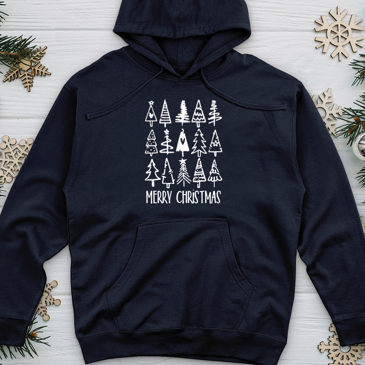 Merry Christmas Tree Pattern Midweight Hooded Sweatshirt