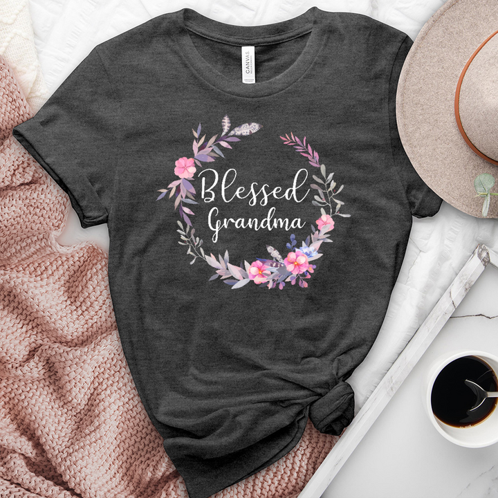 Blessed Grandma Pink Wreath Heathered Tee