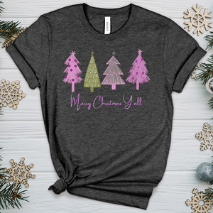 Merry Christmas Y'all Pink Trees Heathered Tee