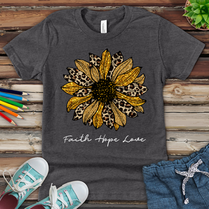 Faith Hope Love Leopard Sunflower Youth Heathered Tee