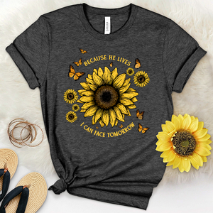 Because He Lives Sunflower Butterflies Heathered Tee