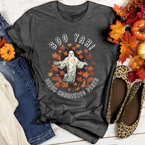 Boo Yah Jesus Conquered Heathered Tee