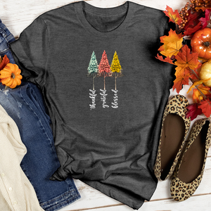 Retro Gratitude Trio Pine Trees Heathered Tee