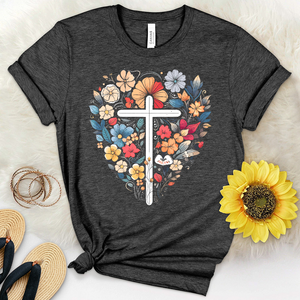 Simple Cross with Florals and Hearts Heathered Tee