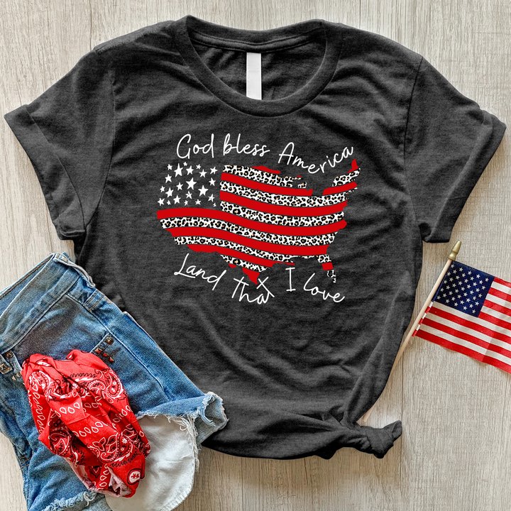 God Bless America Leopard Heathered Tee