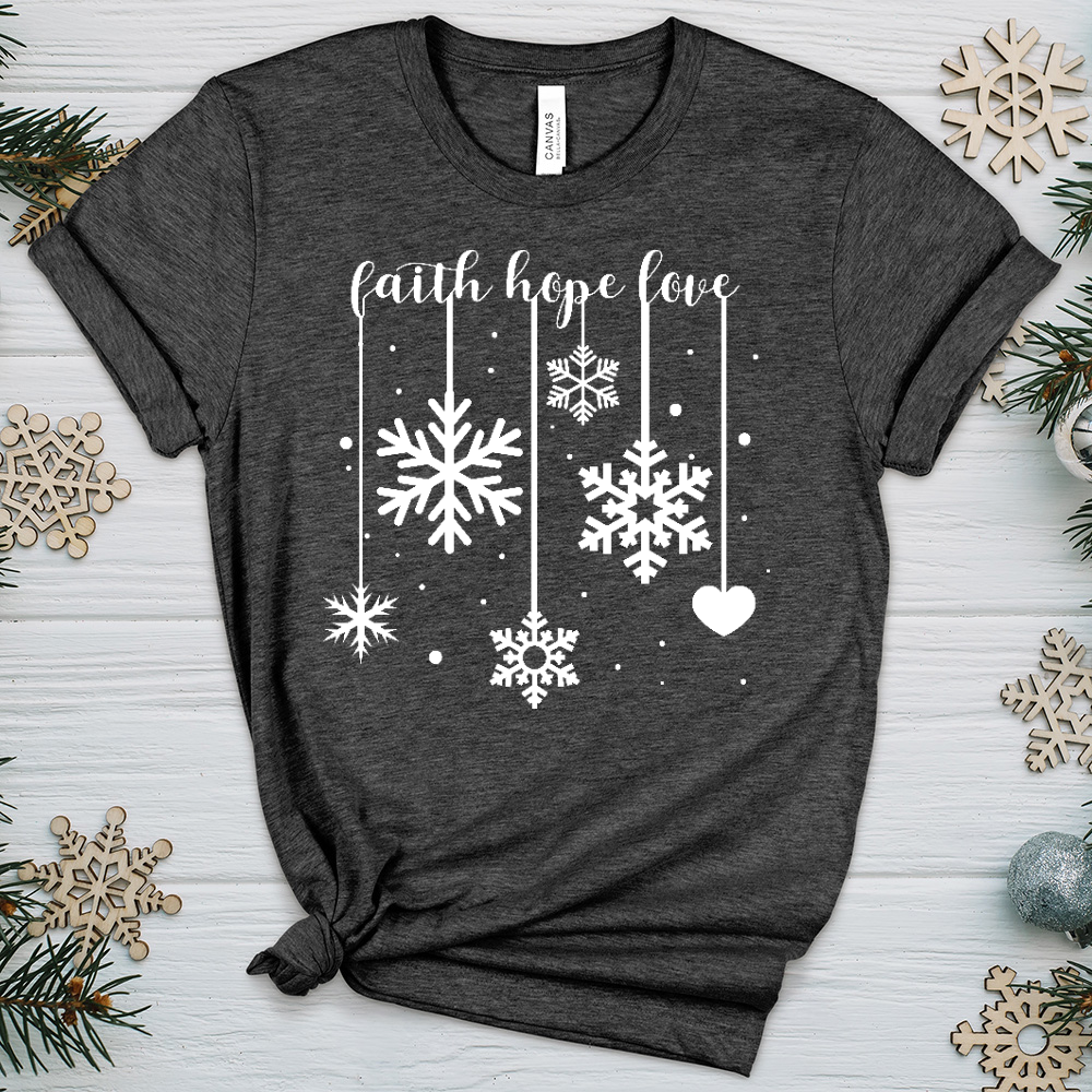 Faith Hope Love Dangling Snowflakes Heathered Tee
