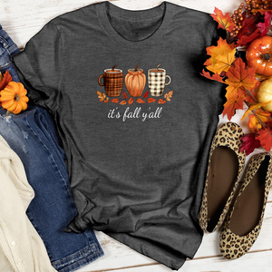 It's Fall Plaid Coffee Cups Heathered Tee