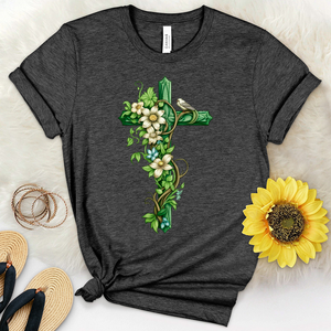 Green Cross Vines and Bird Heathered Tee