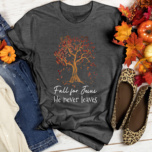 Fall for Jesus He Never Leaves Heathered Tee