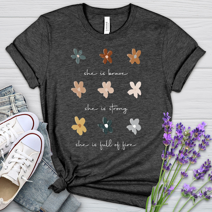 She Is Brave Flower Pattern Heathered Tee