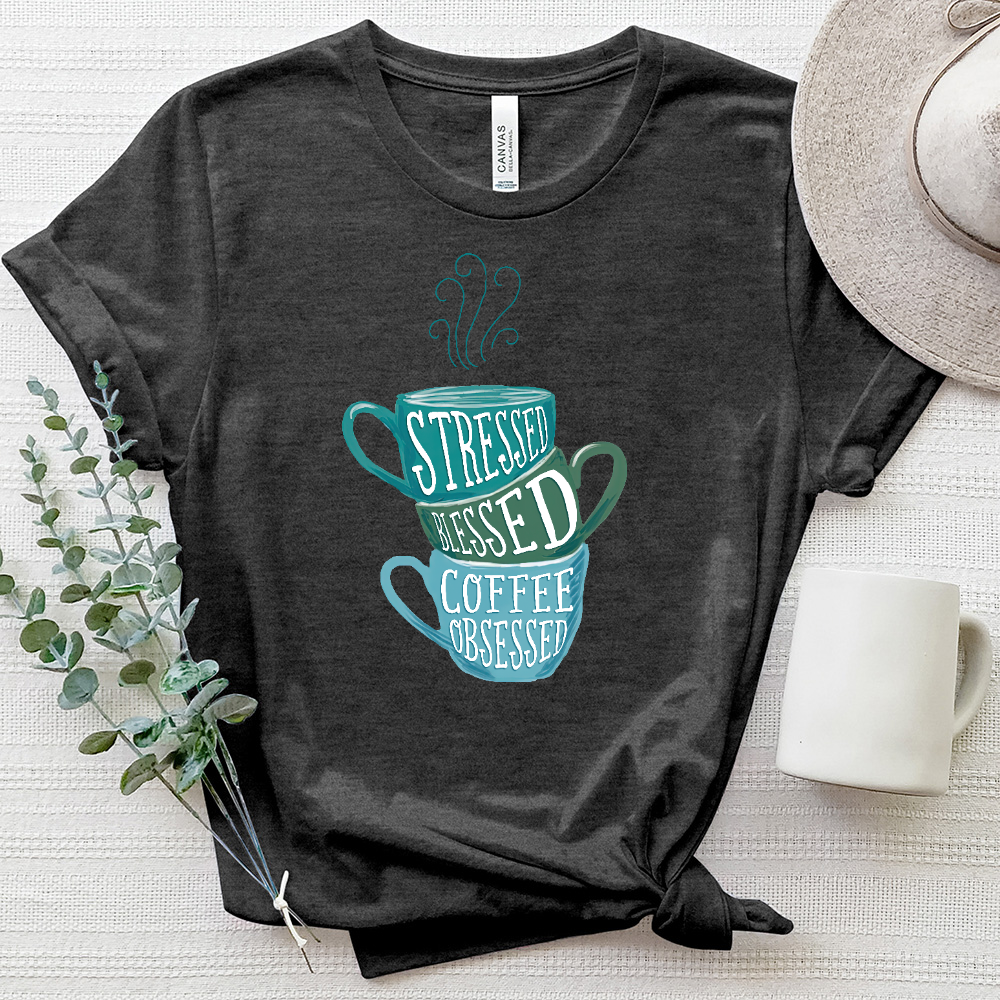 Stressed and Blessed Coffee Cups Heathered Tee