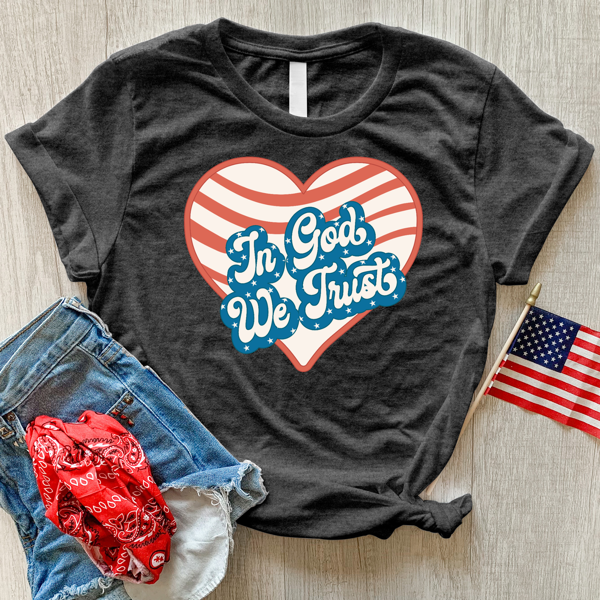 In God We Trust Wavy Heart Heathered Tee