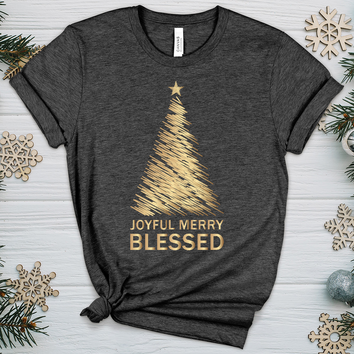 Joyful Merry Blessed Gold Tree Heathered Tee