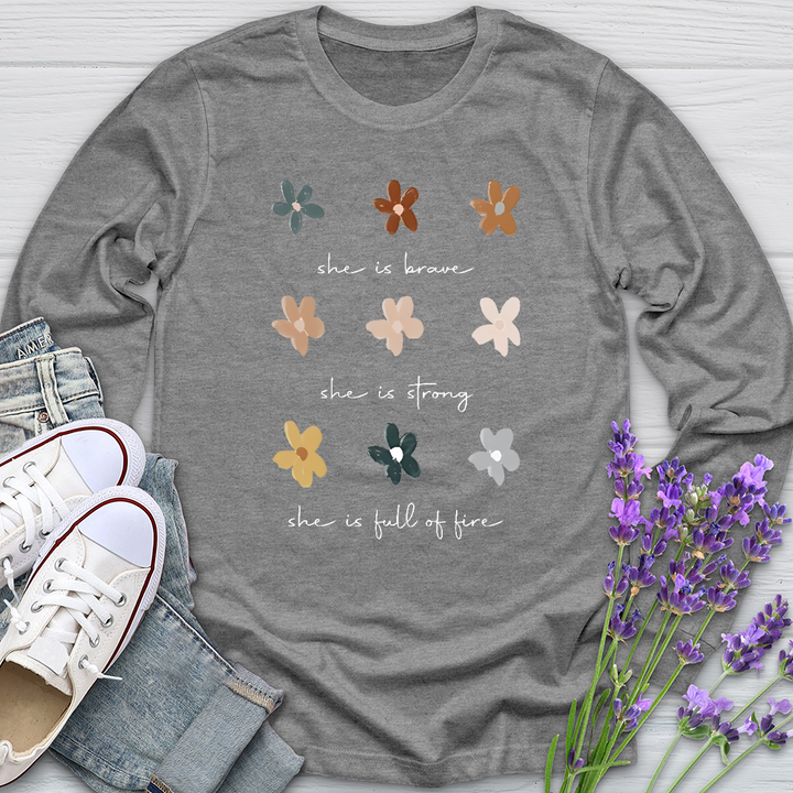 She Is Brave Flower Pattern  Long Sleeve Tee