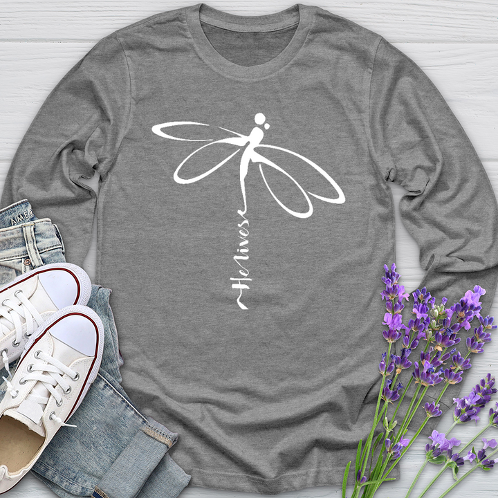 He Lives Dragonfly White Long Sleeve Tee