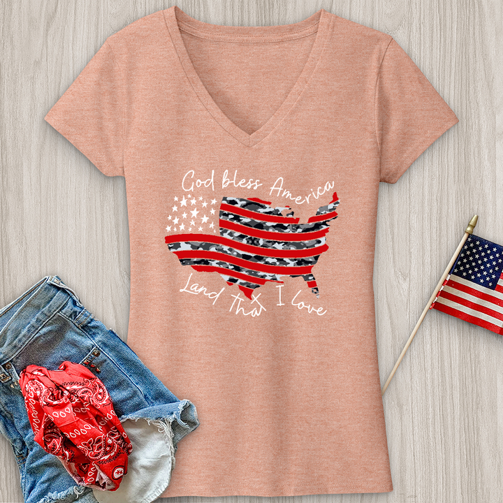 God Bless America Camo USA V-Neck Tee