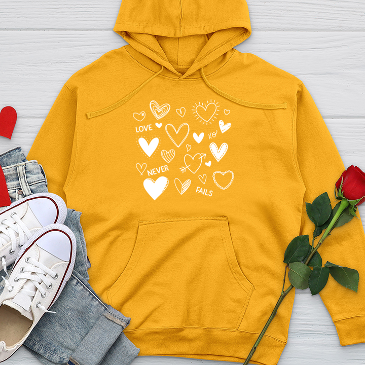 Love Never Fails Assorted Hearts Midweight Hooded Sweatshirt