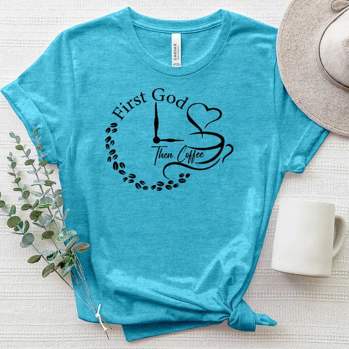 First God Then Coffee Clock Heathered Tee