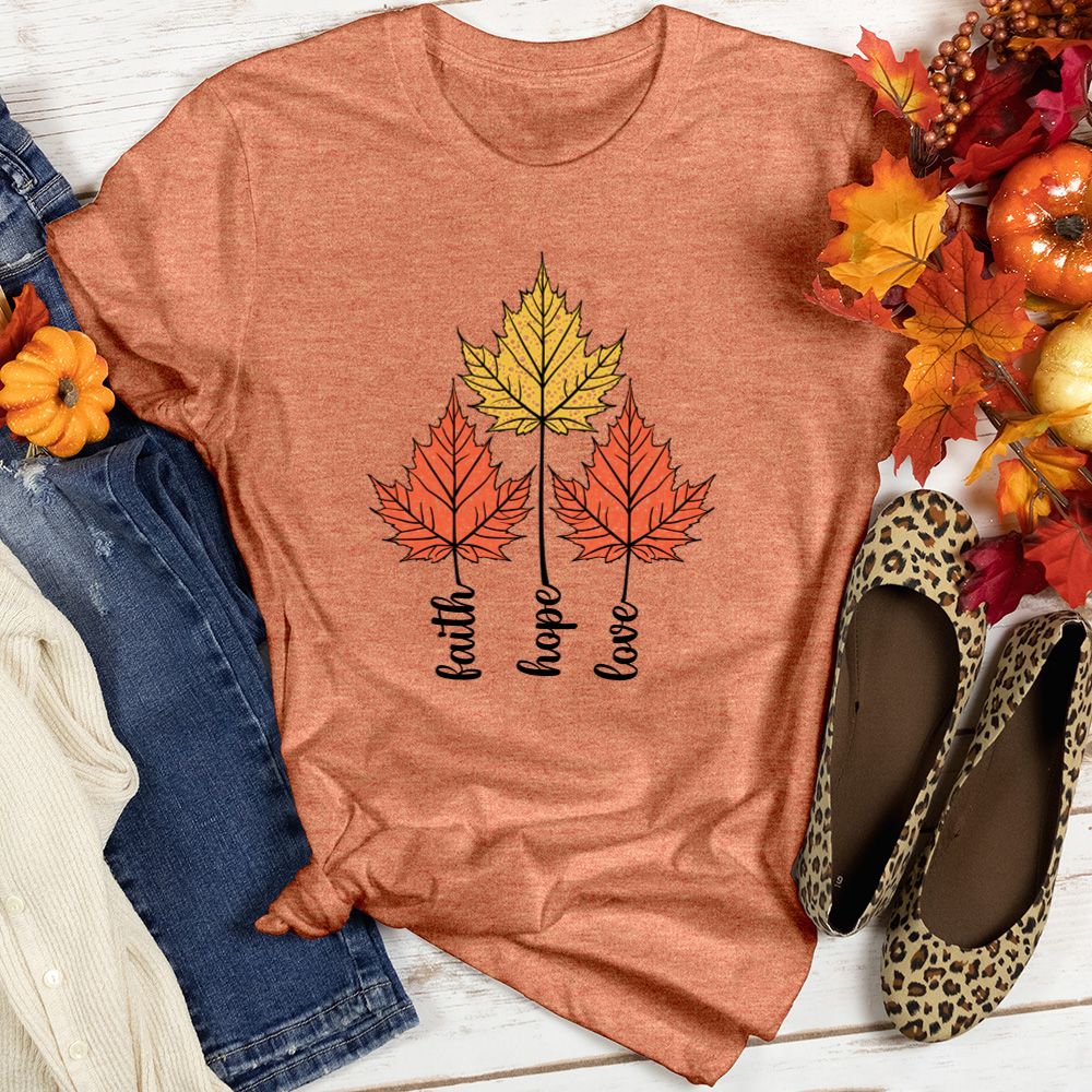 Faith Hope Love Retro Fall Leaf Trio Heathered Tee