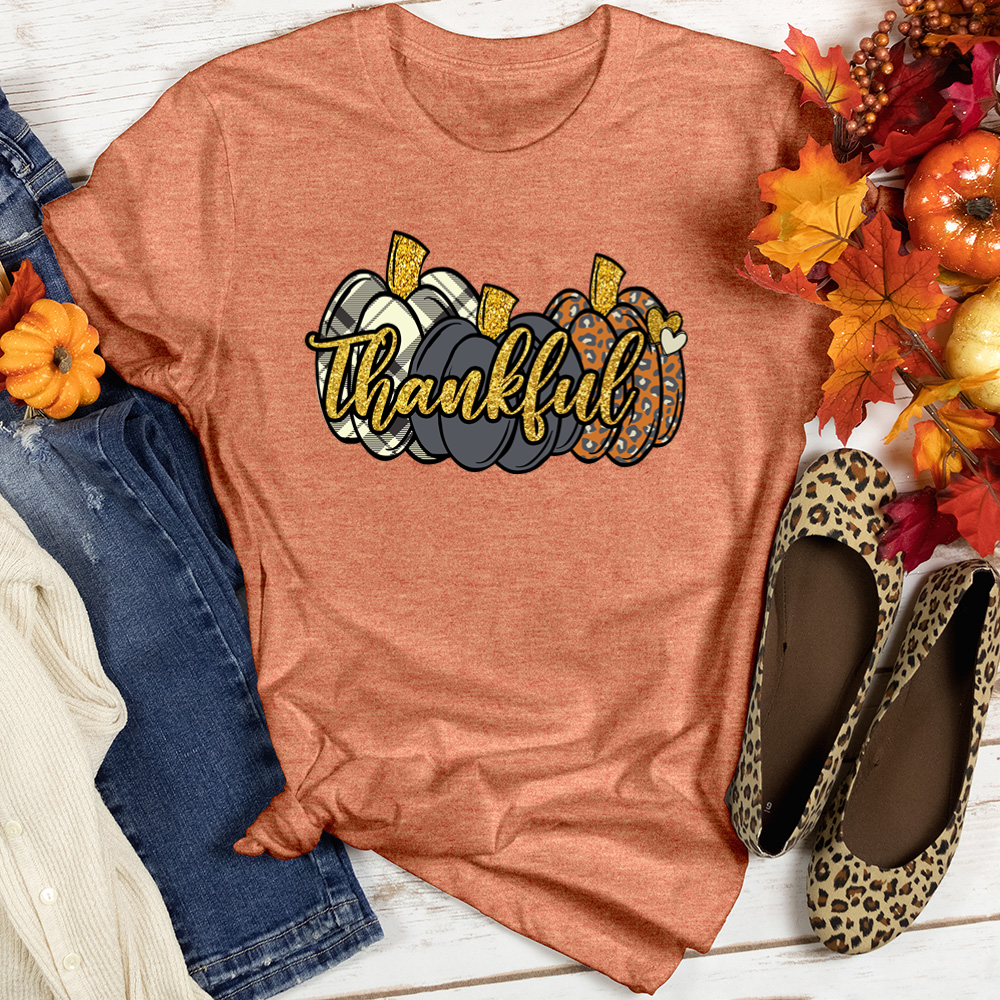 Thankful Gold Text Pumpkins Heathered Tee