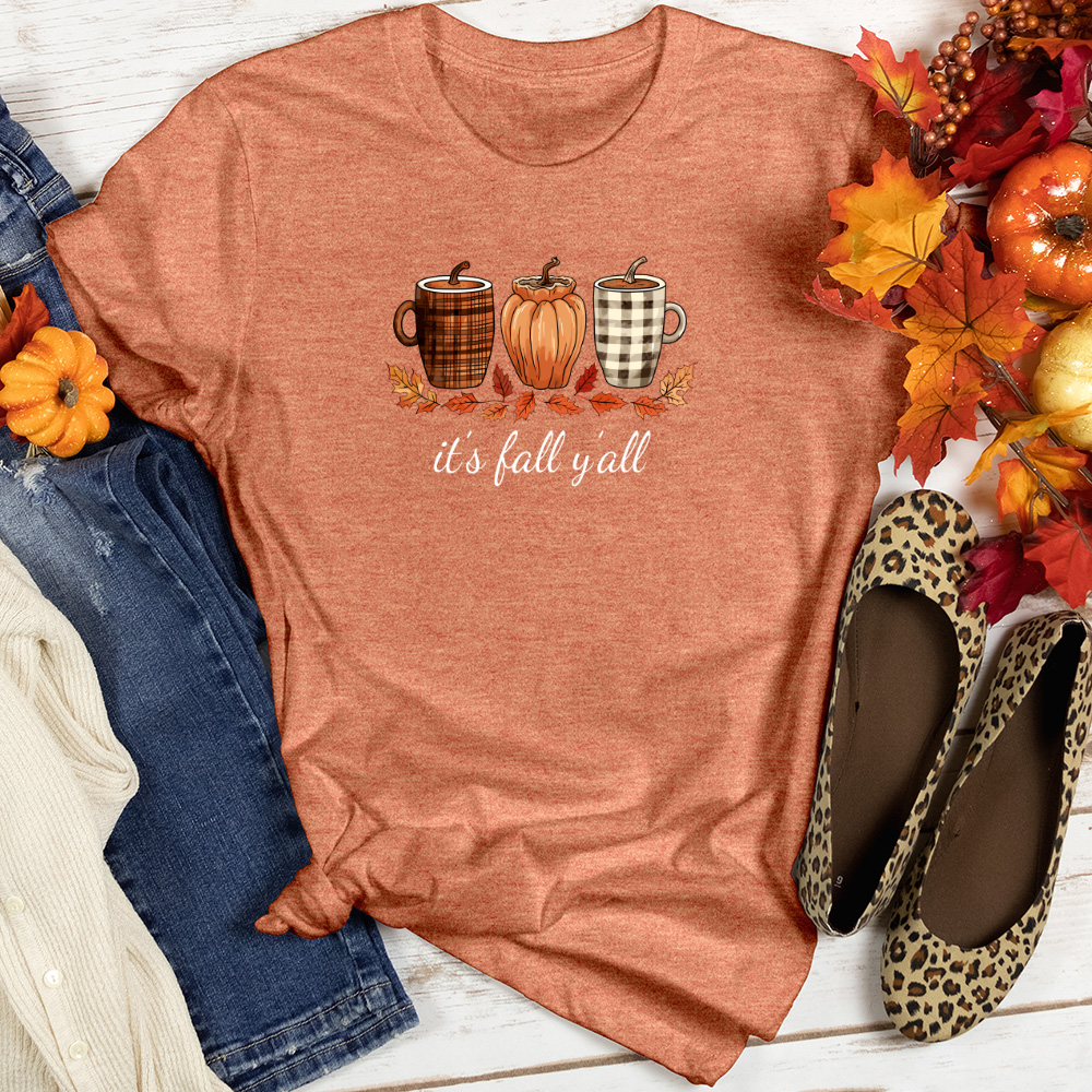 It's Fall Plaid Coffee Cups Heathered Tee