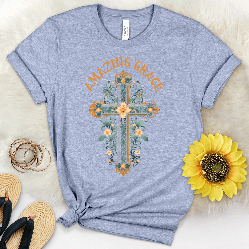 Amazing Grace Ornate Cross Heathered Tee