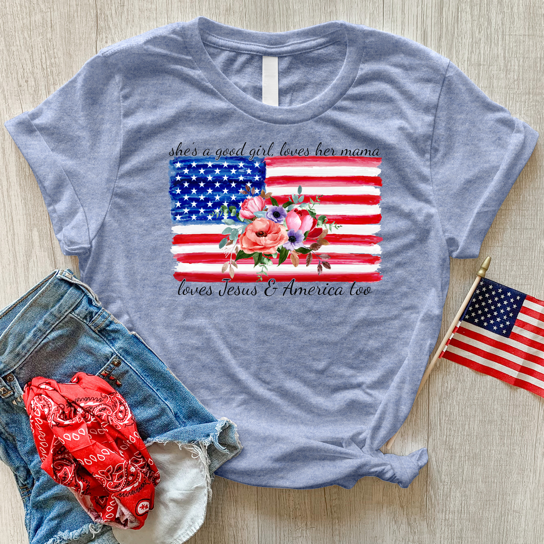 Loves Her Mama America and Jesus Heathered Tee