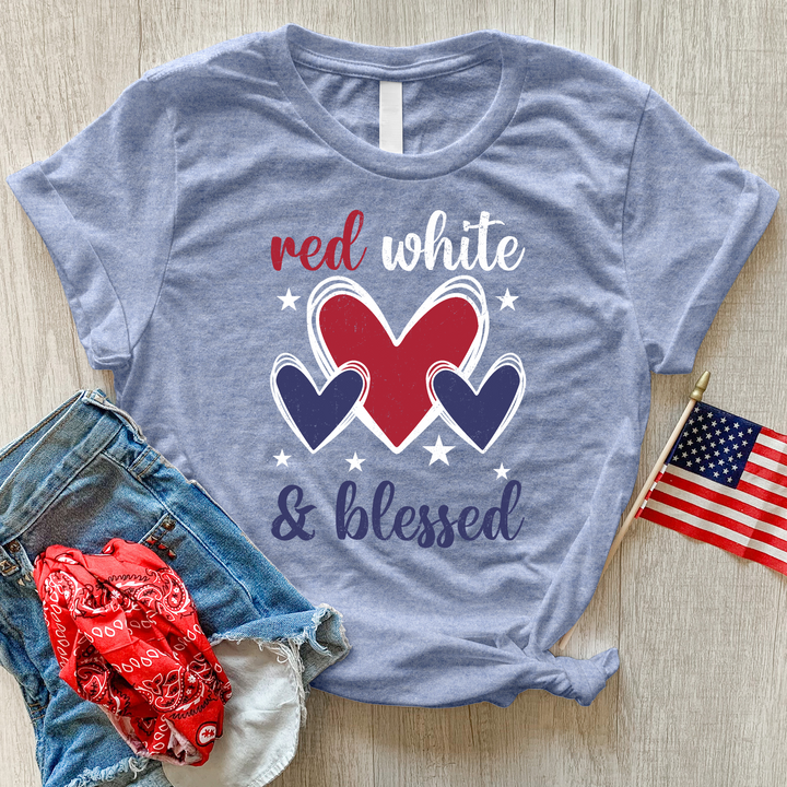 Red White Blessed Hearts Heathered Tee