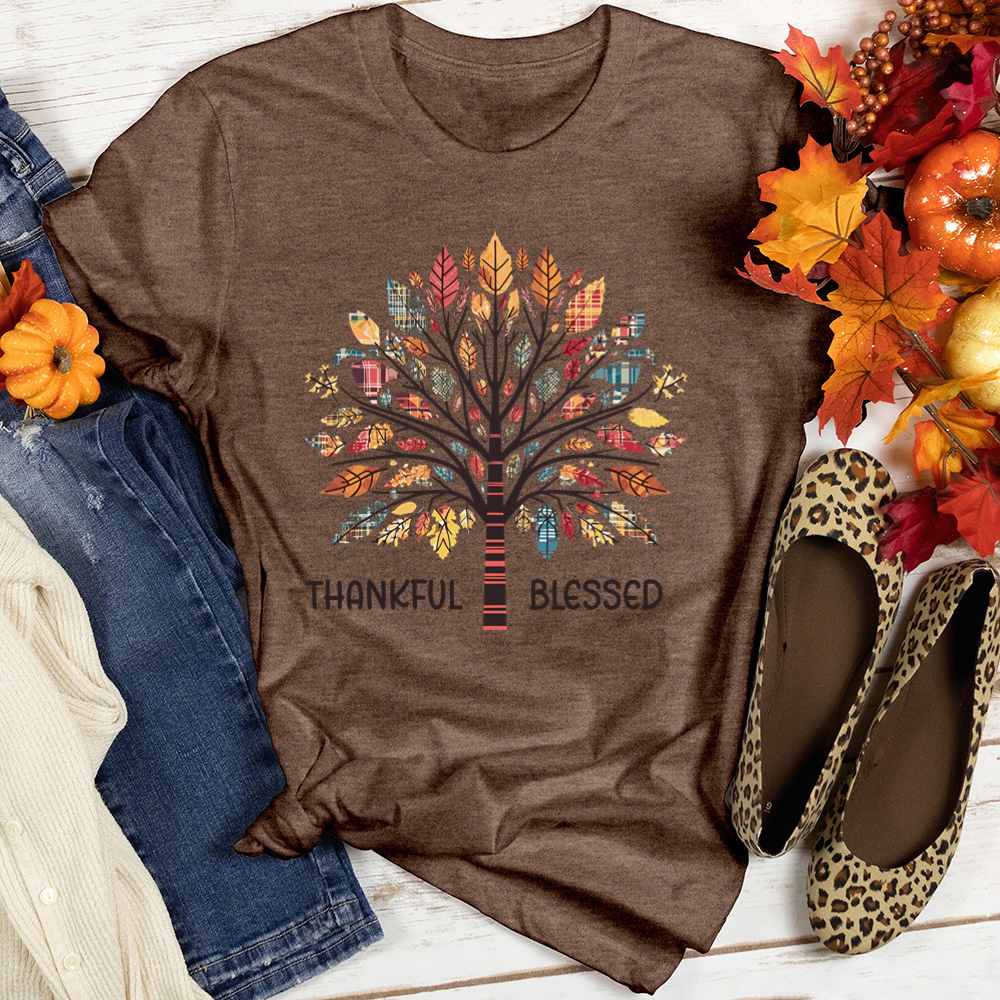 Thankful Blessed Tartan Fall Bouquet Tree Heathered Tee