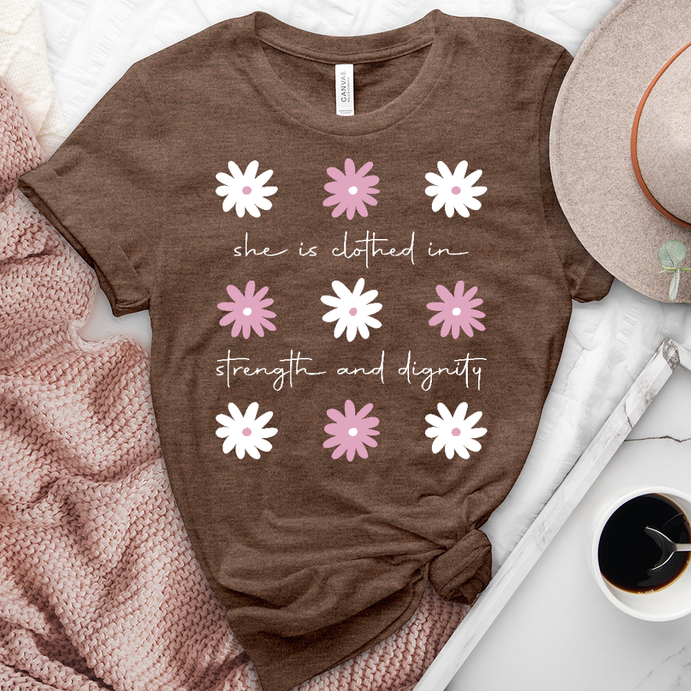 She Is Clothed Pink Daisy Pattern Heathered Tee