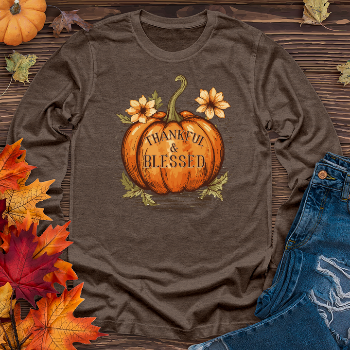 Thankful & Blessed Floral Pumpkin Long Sleeve Tee