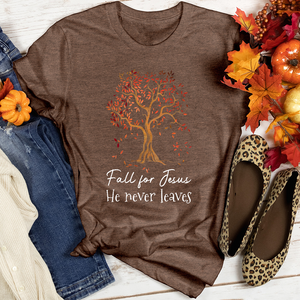 Fall for Jesus He Never Leaves Heathered Tee