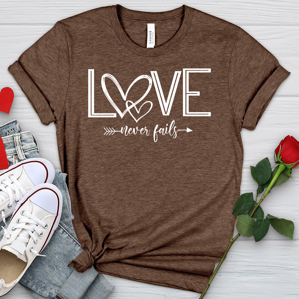 Love Never Fails Heart Arrow Heathered Tee