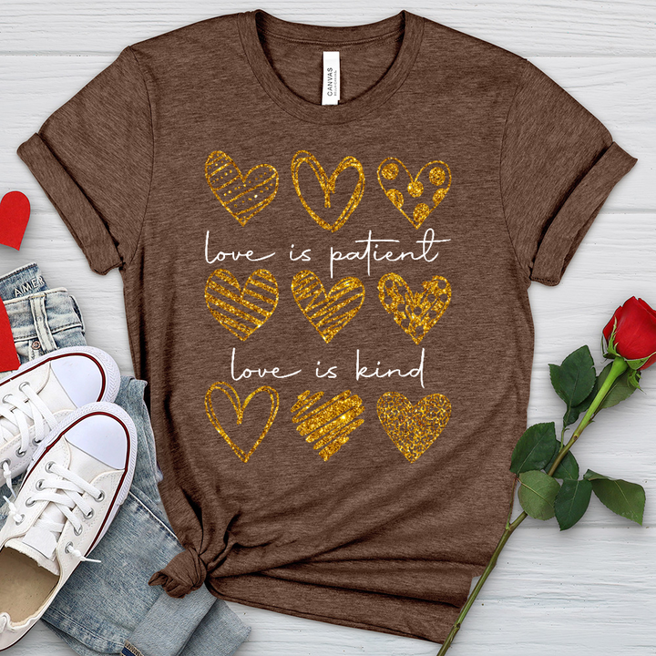 Love Is Patient Gold Hearts Heathered Tee