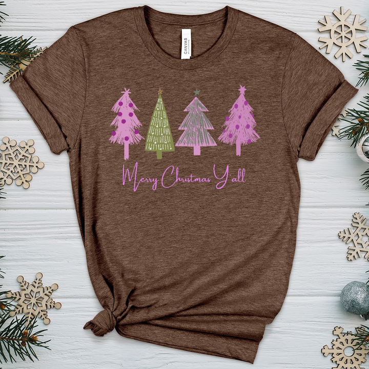 Merry Christmas Y'all Pink Trees Heathered Tee