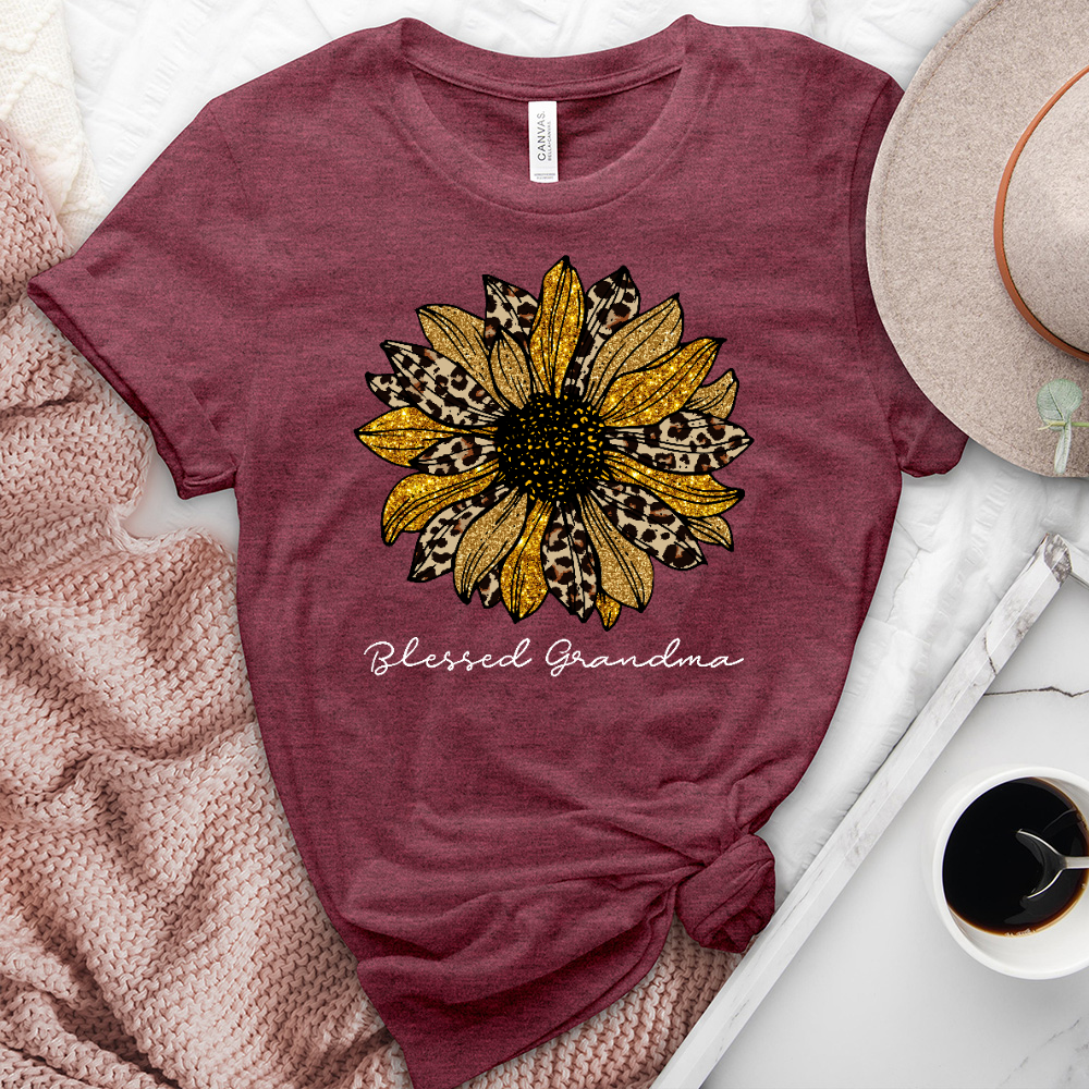 Blessed Grandma Leopard Sunflower Heathered Tee