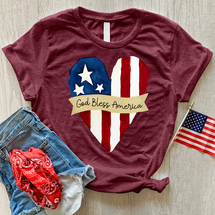 God Bless America Striped Heart Heathered Tee