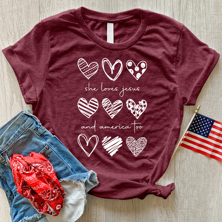 She Loves Jesus Heart Pattern Heathered Tee