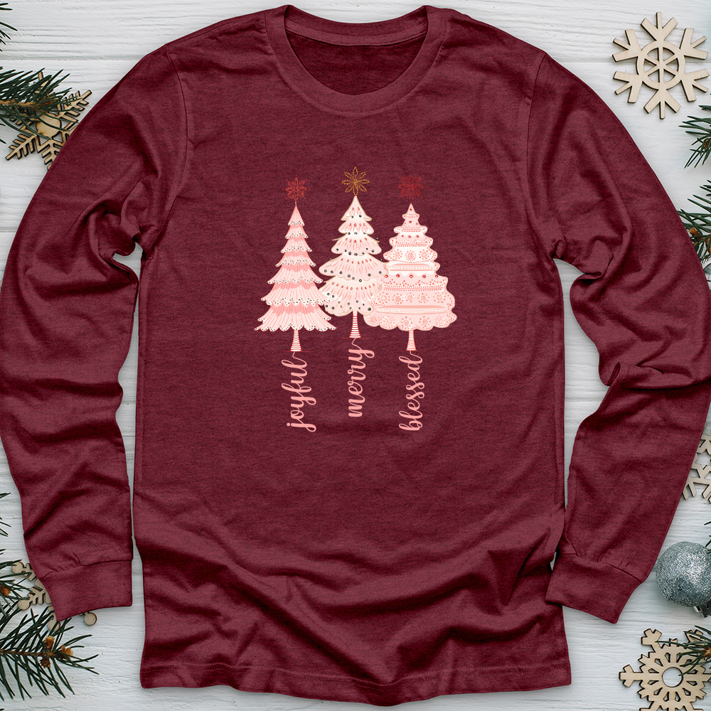 Vintage Snowflake Pink Tree Trio Long Sleeve Tee