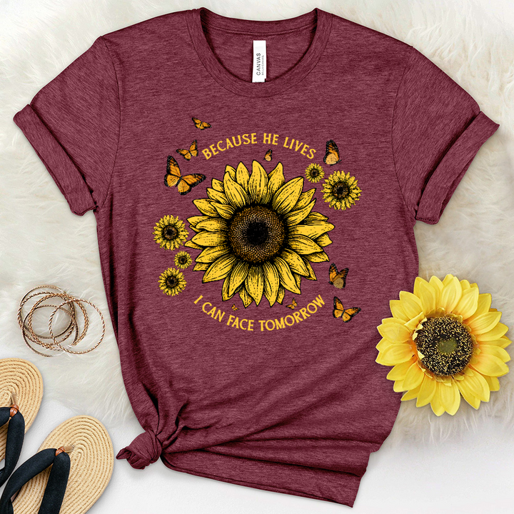 Because He Lives Sunflower Butterflies Heathered Tee