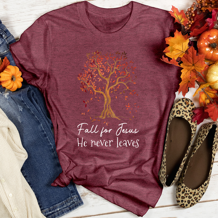 Fall for Jesus He Never Leaves Heathered Tee