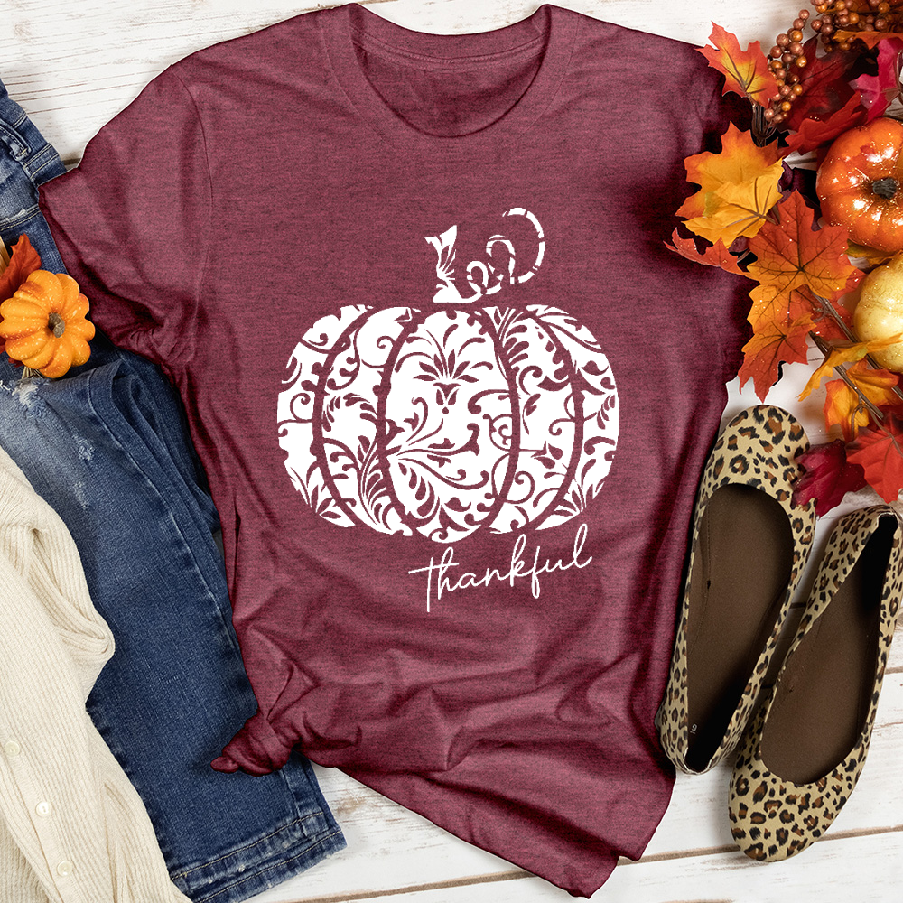 Thankful Floral Pumpkin Heathered Tee