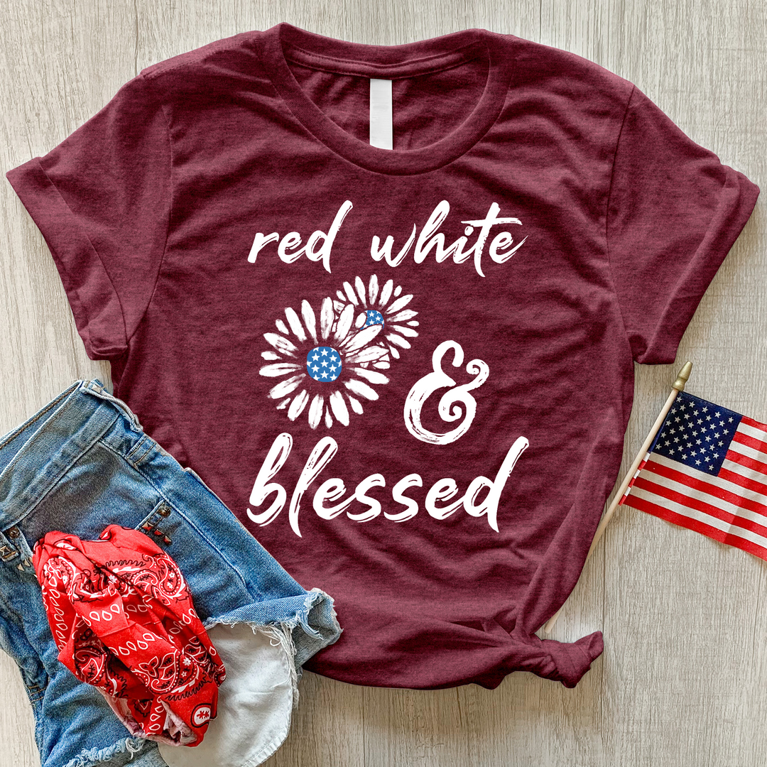 Red White Blessed Flowers Heathered Tee