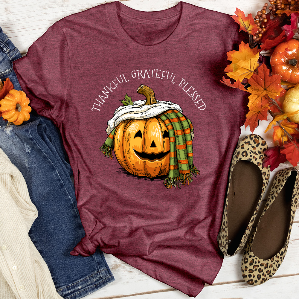 Thankful Grateful Blessed Happy Pumpkin Heathered Tee