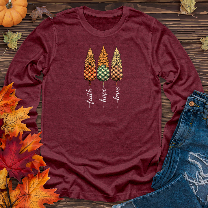 Faith Hope Love Plaid Trio Pine Trees Long Sleeve Tee