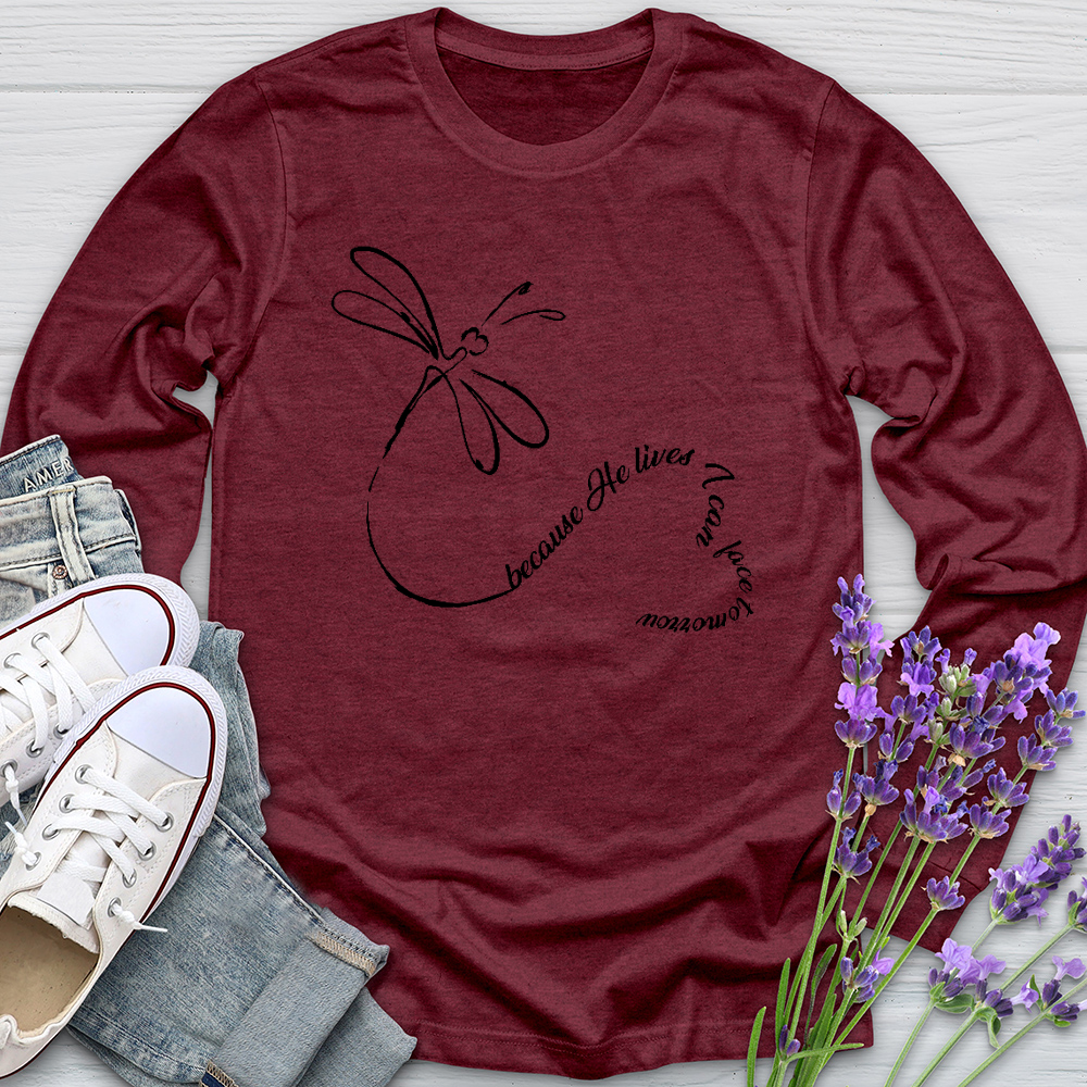 Because He Lives Dragonfly Heart Long Sleeve Tee