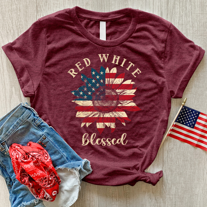 Red White Blessed Sunflower Heathered Tee